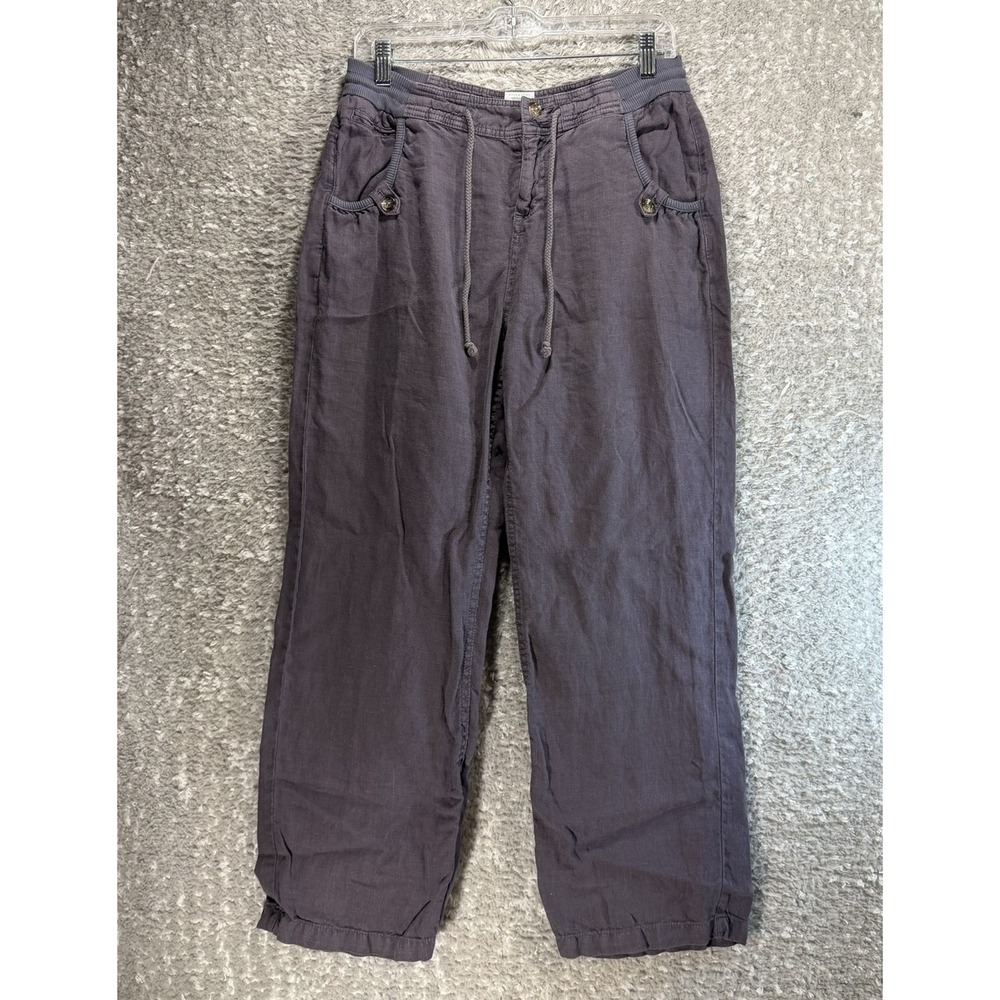 Soft Surroundings Pants Petite M Gray Linen Drawstring Pockets Wide Leg Coastal